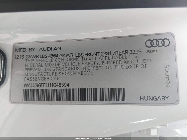 2017 Audi A3 Premium Plus მანქანა იყიდება აუქციონზე, vin: WAUJ8GFF1H1048594, აუქციონის ნომერი: 45694466