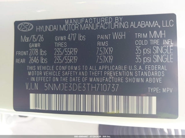 Продажа на аукционе авто 2026 Hyundai Tucson Limited, vin: 5NMJE3DE3TH710737, номер лота: 45694467