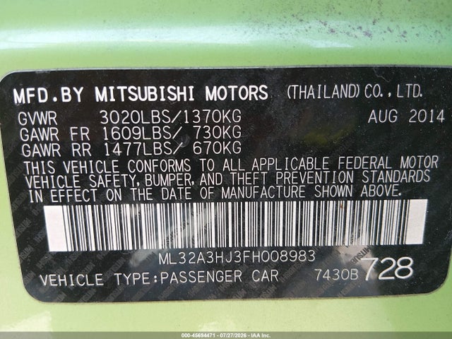 Продаж на аукціоні авто 2015 Mitsubishi Mirage De, vin: ML32A3HJ3FH008983, номер лоту: 45694471