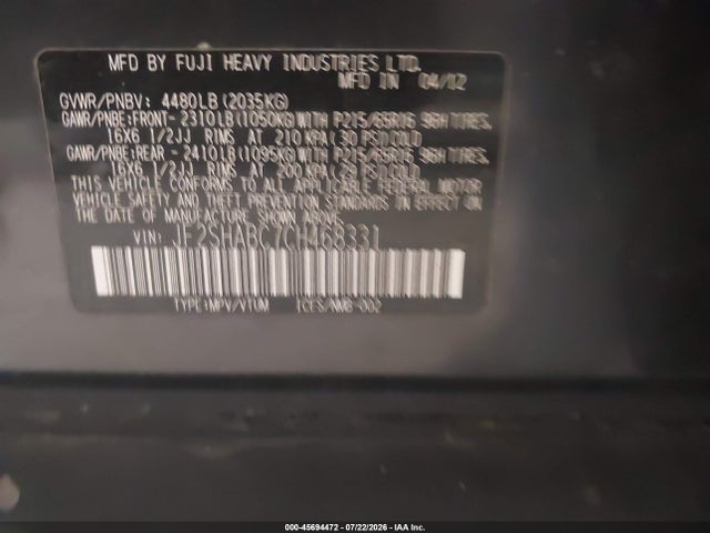 Продажа на аукционе авто 2012 Subaru Forester 2.5x, vin: JF2SHABC7CH468331, номер лота: 45694472