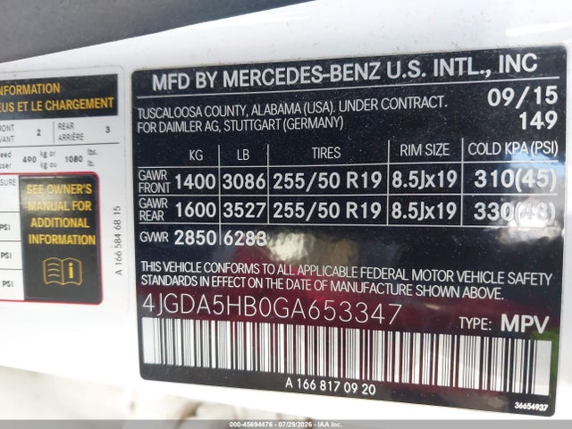 45694476 :رقم المزاد ، 4JGDA5HB0GA653347 vin ، 2016 Mercedes-benz Gle 350 4matic مزاد بيع