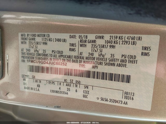 45694480 :رقم المزاد ، 1FMCU9GD4JUC80252 vin ، 2018 Ford Escape Se مزاد بيع