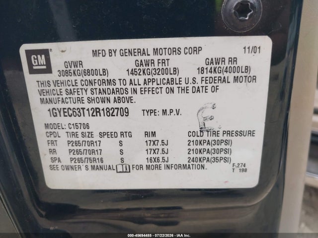 Продаж на аукціоні авто 2002 Cadillac Escalade Standard, vin: 1GYEC63T12R182709, номер лоту: 45694485