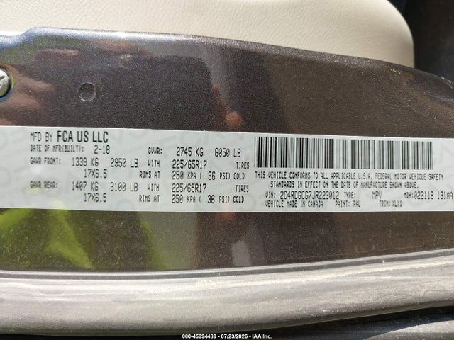 Продажа на аукционе авто 2018 Dodge Grand Caravan Sxt, vin: 2C4RDGCG7JR223012, номер лота: 45694489