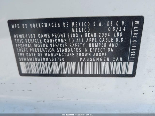 Продажа на аукционе авто 2024 Volkswagen Jetta 1.5t S, vin: 3VW5M7BU7RM101790, номер лота: 45694494