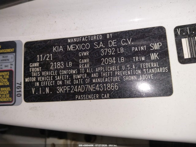 Aukcja sprzedaży 2022 Kia Forte Lxs, vin: 3KPF24AD7NE431866, numer aukcji: 45694496