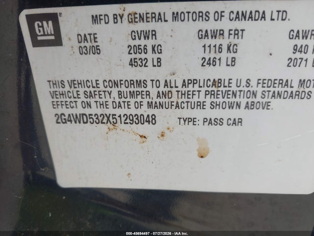 2005 Buick Lacrosse Cxl მანქანა იყიდება აუქციონზე, vin: 2G4WD532X51293048, აუქციონის ნომერი: 45694497