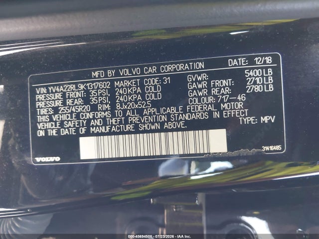 Aukcja sprzedaży 2019 Volvo Xc60 T6 Inscription, vin: YV4A22RL9K1317602, numer aukcji: 45694508