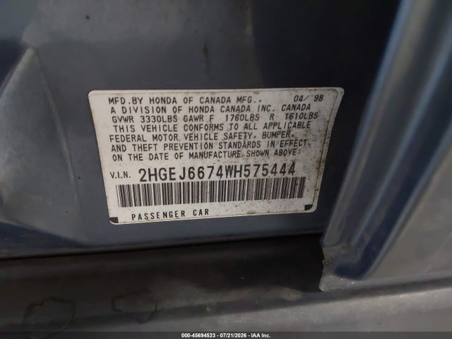 Aukcja sprzedaży 1998 Honda Civic Lx, vin: 2HGEJ6674WH575444, numer aukcji: 45694523