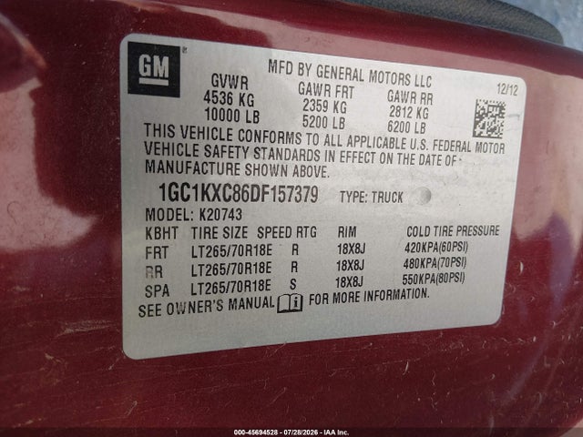 45694528 :رقم المزاد ، 1GC1KXC86DF157379 vin ، 2013 Chevrolet Silverado 2500hd Lt مزاد بيع