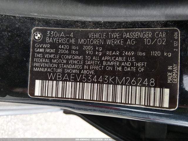 Aukcja sprzedaży 2003 Bmw 3 Series 330i, vin: WBAEV53443KM26248, numer aukcji: 45694542