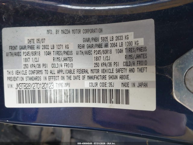 Aukcja sprzedaży 2007 Mazda Cx-9 Touring, vin: JM3TB28Y270120123, numer aukcji: 45694549