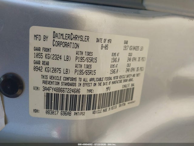 45694552 :رقم المزاد ، 3A4FY48B66T224606 vin ، 2006 Chrysler Pt Cruiser مزاد بيع