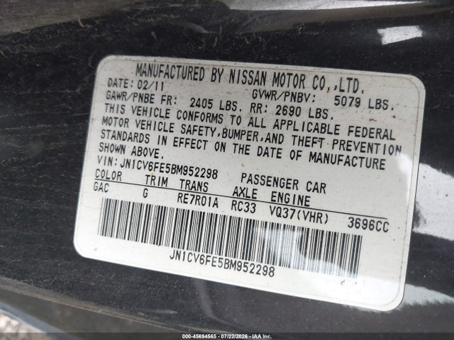 45694565 :رقم المزاد ، JN1CV6FE5BM952298 vin ، 2011 Infiniti G37 مزاد بيع