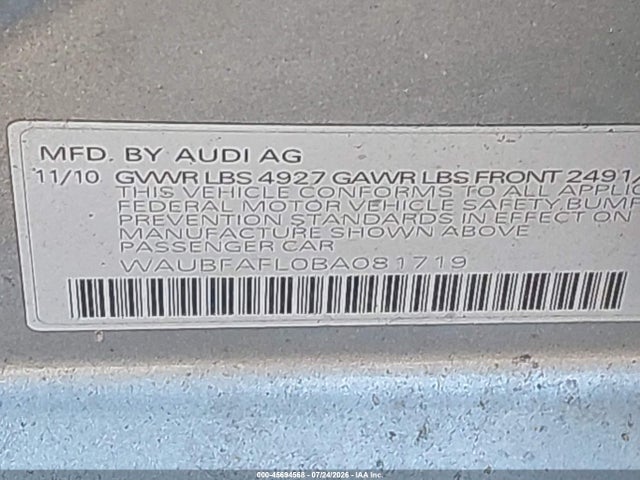 45694568 :رقم المزاد ، WAUBFAFL0BA081719 vin ، 2011 Audi A4 2.0t Premium مزاد بيع