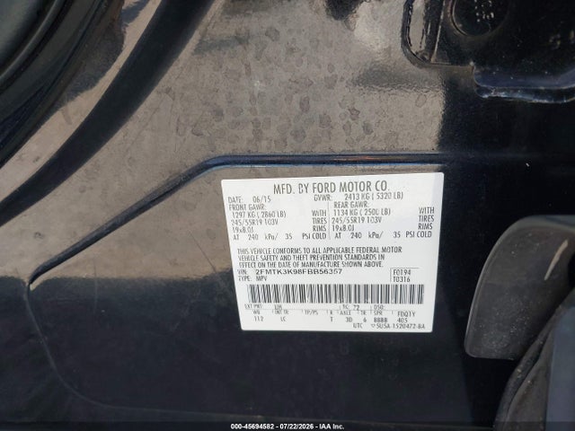Auction sale of the 2015 Ford Edge Titanium, vin: 2FMTK3K98FBB56357, lot number: 45694582