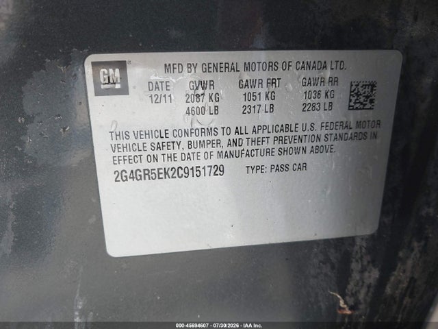 45694607 :رقم المزاد ، 2G4GR5EK2C9151729 vin ، 2012 Buick Regal مزاد بيع