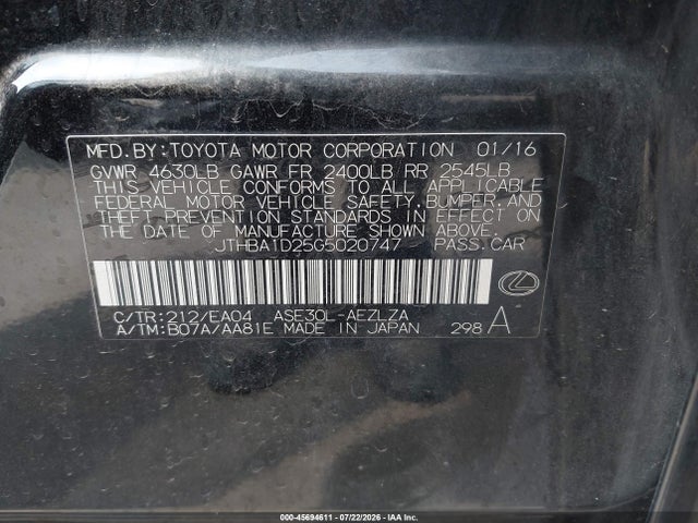 2016 Lexus Is 200t მანქანა იყიდება აუქციონზე, vin: JTHBA1D25G5020747, აუქციონის ნომერი: 45694611