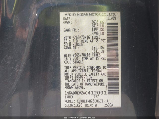 45694619 :رقم المزاد ، 1N6AD0EV2AC412091 vin ، 2010 Nissan Frontier Se مزاد بيع