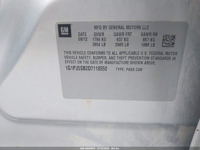 Продажа на аукционе авто 2013 Chevrolet Cruze Eco Manual, vin: 1G1PJ5SB2D7118550, номер лота: 45694623