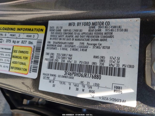 Ford FUSION SE 2018 3FA6P0HD6JR176880 Image 9