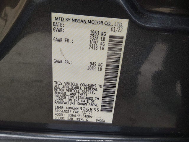 45694640 :رقم المزاد ، 1N4BL4DV6NN326835 vin ، 2022 Nissan Altima Sv Fwd مزاد بيع