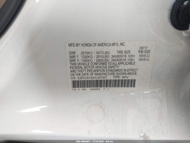 45694641 :رقم المزاد ، 5J8YD4H32HL007007 vin ، 2017 Acura Mdx مزاد بيع