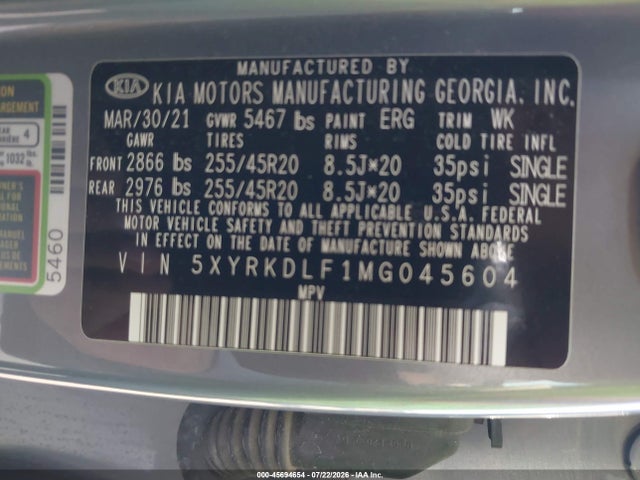2021 Kia Sorento Sx მანქანა იყიდება აუქციონზე, vin: 5XYRKDLF1MG045604, აუქციონის ნომერი: 45694654