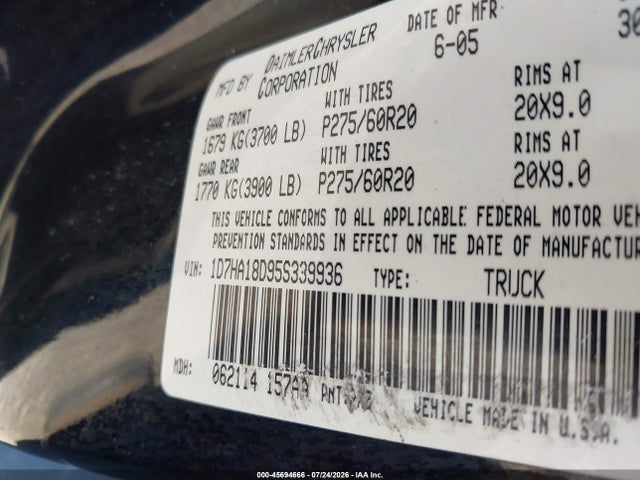 45694666 :رقم المزاد ، 1D7HA18D95S339936 vin ، 2005 Dodge Ram 1500 Slt/laramie مزاد بيع