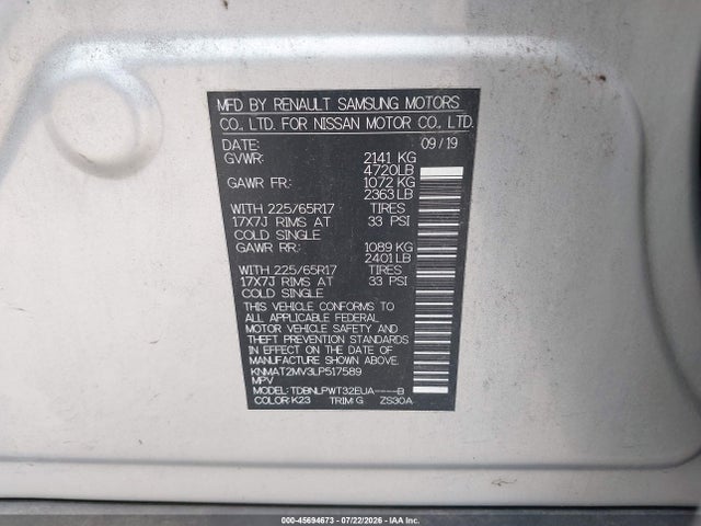 45694673 :رقم المزاد ، KNMAT2MV3LP517589 vin ، 2020 Nissan Rogue S Intelligent Awd مزاد بيع