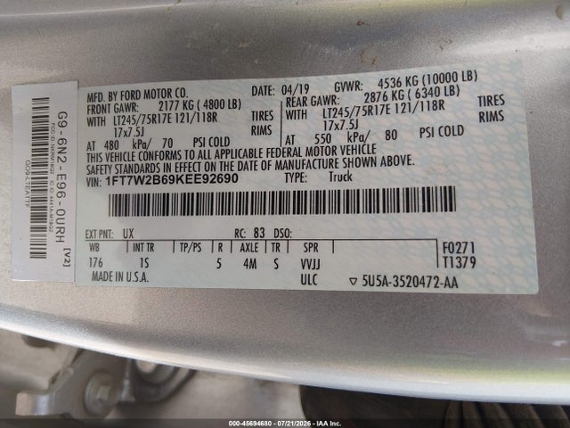 Продаж на аукціоні авто 2019 Ford F-250 Xl, vin: 1FT7W2B69KEE92690, номер лоту: 45694680