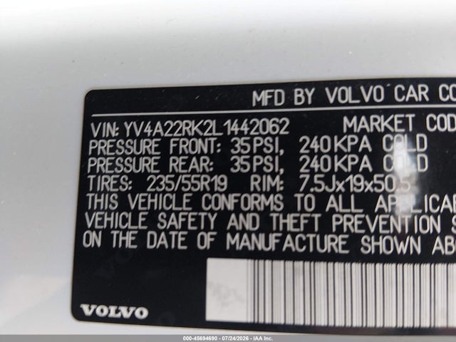 Продажа на аукционе авто 2020 Volvo Xc60 T6 Momentum, vin: YV4A22RK2L1442062, номер лота: 45694690