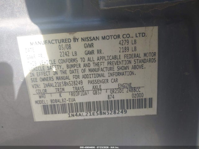 45694698 :رقم المزاد ، 1N4AL21E58N528249 vin ، 2008 Nissan Altima 2.5 S مزاد بيع
