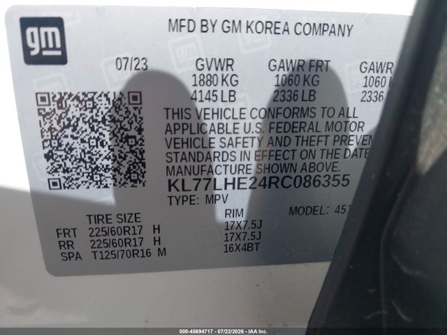 Продажа на аукционе авто 2024 Chevrolet Trax Fwd Lt, vin: KL77LHE24RC086355, номер лота: 45694717