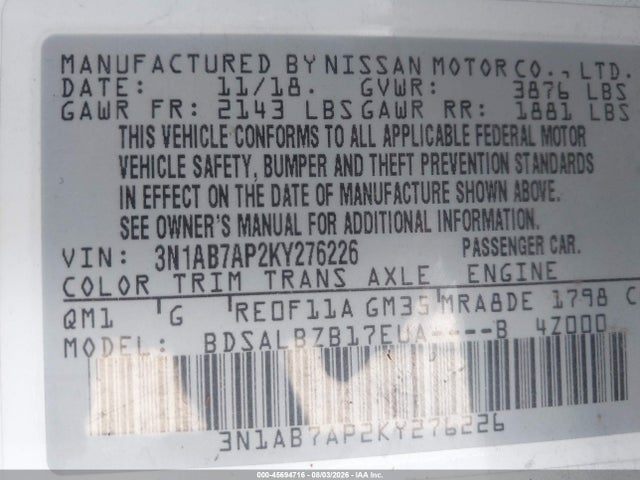 Nissan SENTRA S 2019 3N1AB7AP2KY276226 Image 9