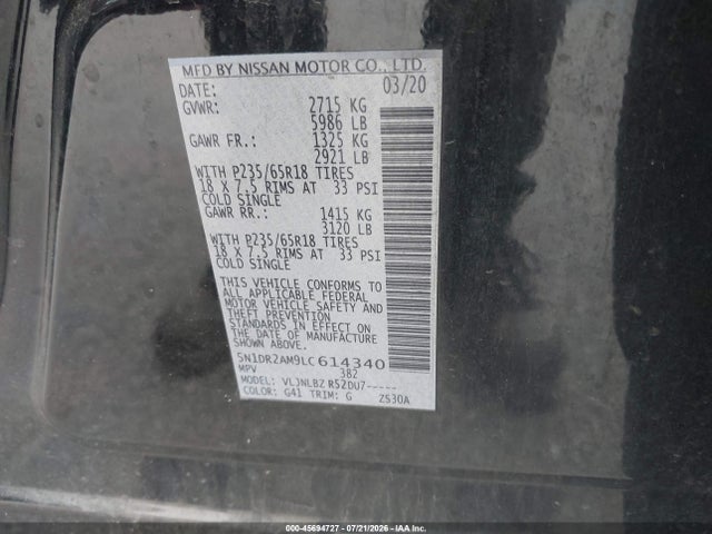 5N1DR2AM9LC614340 Nissan Pathfinder S 4wd