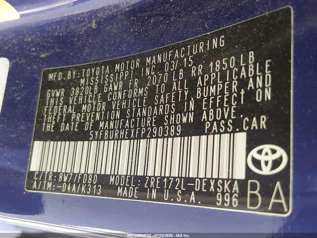 45694732 :رقم المزاد ، 5YFBURHEXFP290389 vin ، 2015 Toyota Corolla S Plus مزاد بيع