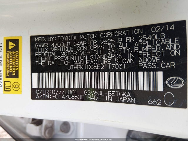 45694733 :رقم المزاد ، JTHBK1GG5E2117031 vin ، 2014 Lexus Es 350 مزاد بيع
