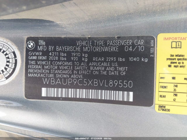 45694737 :رقم المزاد ، WBAUP9C5XBVL89550 vin ، 2011 Bmw 128i مزاد بيع