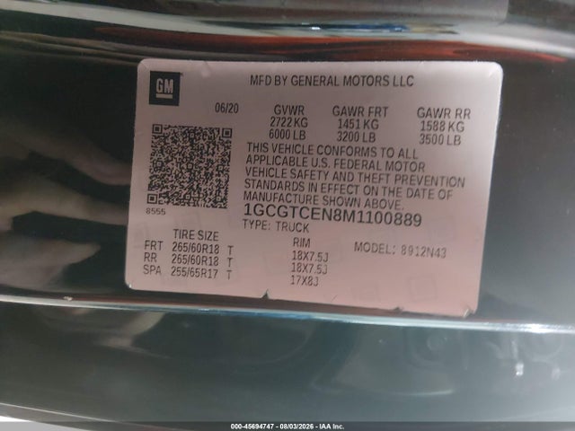 Aukcja sprzedaży 2021 Chevrolet Colorado 4wd  Short Box Lt, vin: 1GCGTCEN8M1100889, numer aukcji: 45694747