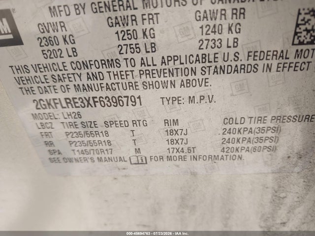 45694763 :رقم المزاد ، 2GKFLRE3XF6396791 vin ، 2015 Gmc Terrain Sle-2 مزاد بيع