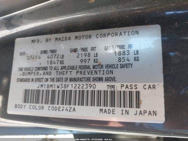Aukcja sprzedaży 2015 Mazda Mazda3 S Grand Touring, vin: JM1BM1W38F1222390, numer aukcji: 45694778