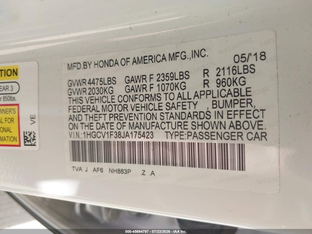 Aukcja sprzedaży 2018 Honda Accord Sport, vin: 1HGCV1F38JA175423, numer aukcji: 45694797