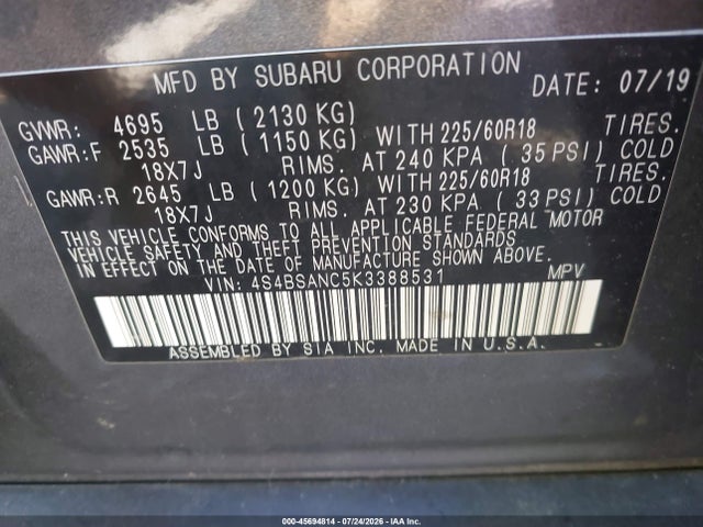 Aukcja sprzedaży 2019 Subaru Outback 2.5i Limited, vin: 4S4BSANC5K3388531, numer aukcji: 45694814