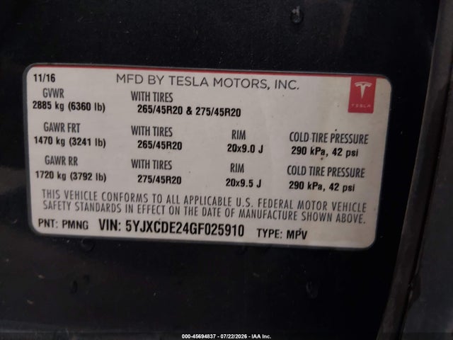 Продаж на аукціоні авто 2016 Tesla Model X 60d/70d/75d/90d, vin: 5YJXCDE24GF025910, номер лоту: 45694837