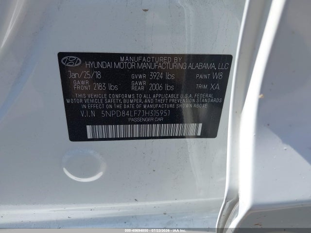 Продаж на аукціоні авто 2018 Hyundai Elantra Sel, vin: 5NPD84LF7JH315951, номер лоту: 45694850