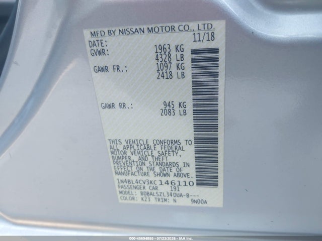 Nissan Altima 2.5 Sr 2019 1N4BL4CV3KC146110 Image 9