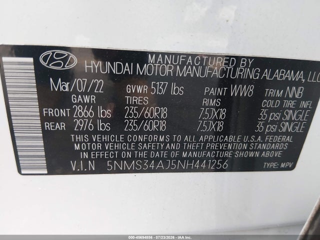 Продаж на аукціоні авто 2022 Hyundai Santa Fe Sel, vin: 5NMS34AJ5NH441256, номер лоту: 45694856