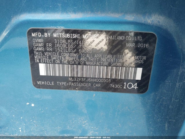 2017 Mitsubishi Mirage G4 Es მანქანა იყიდება აუქციონზე, vin: ML32F3FJ6HH000903, აუქციონის ნომერი: 45694891