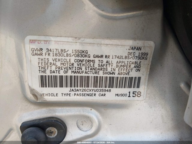 Auction sale of the 2000 Mitsubishi Mirage De, vin: JA3AY26CXYU035948, lot number: 45694893